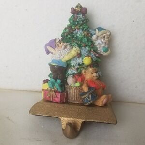Vntg Christmas Tree Stocking Holder Elves Teddy Bear Sears Roebuck cast‎ iron